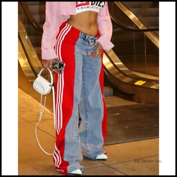 High Waisted Wide Leg Patchwork Stretch Jeans Y2K Retro Loose Fit - Picture 6 of 7